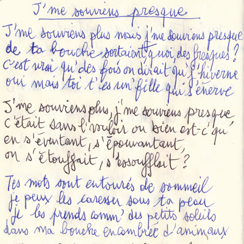 Handwritten lyrics of J'me souviens presque