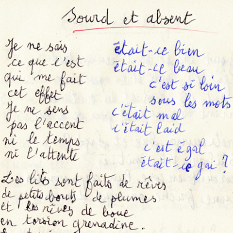 Handwritten lyrics of Sourd et absent