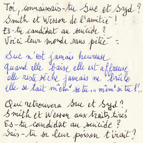 Handwritten lyrics of Sue & Syd